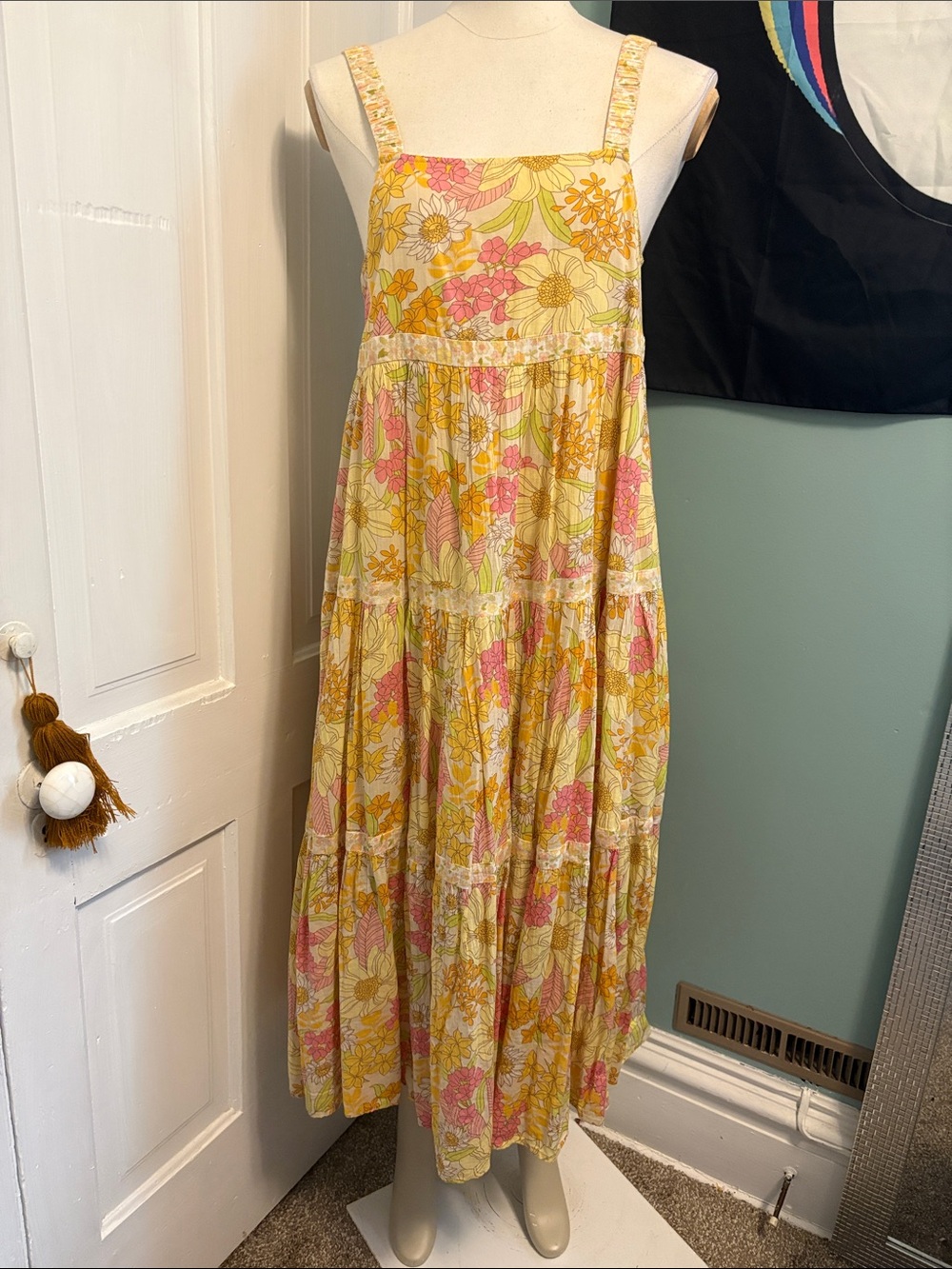 American Eagle Outfitters Yellow Floral Midi Dress with Pink Accents